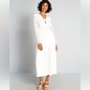 Modcloth Lacing Down the Aisle Lace Maxi Dress Pleated Skirt White 12 NWT